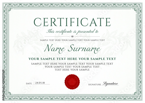 Certificate, Diploma of completion (design template, white background) with green Frame, Border, light Guilloche pattern (watermark) and red emblem