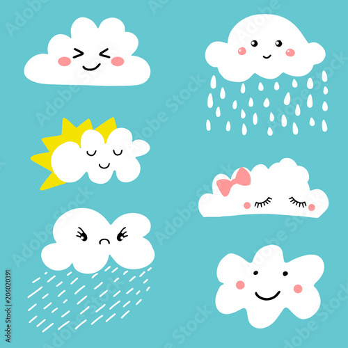Fototapeta Cute and adorable cartoon weather clouds icon set