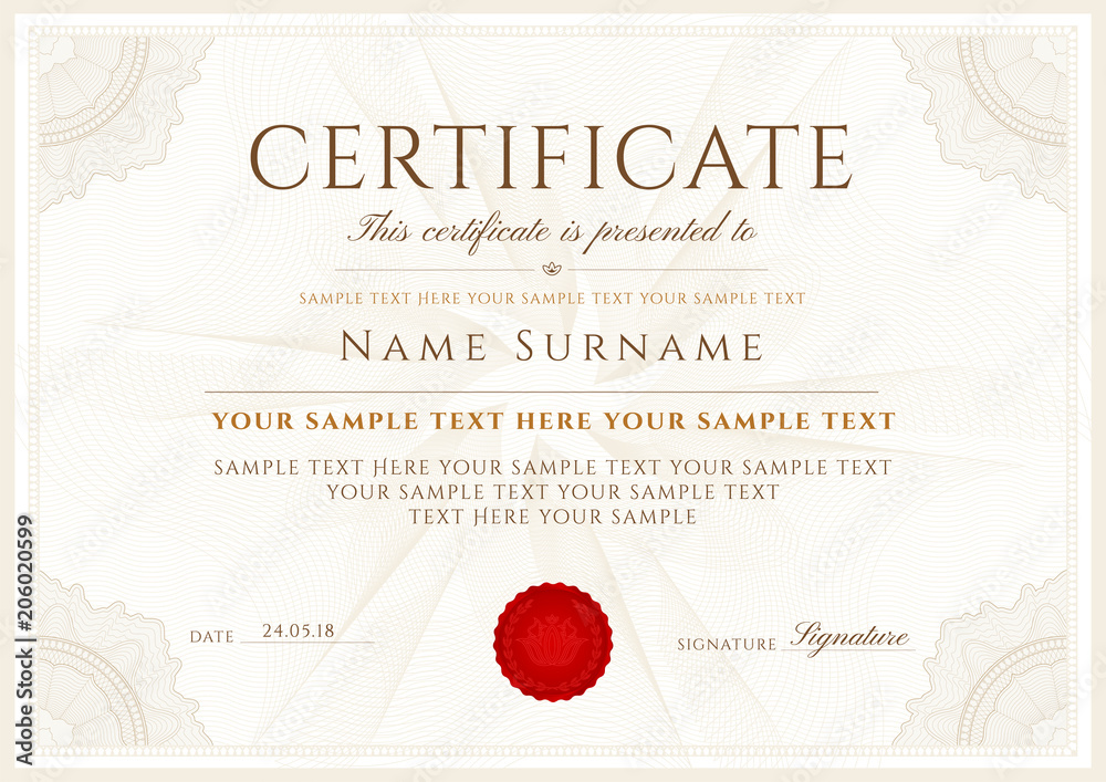 Certificate, Diploma of completion (design template, white background) with Frame, Border, light Guilloche pattern (watermark) and red emblem