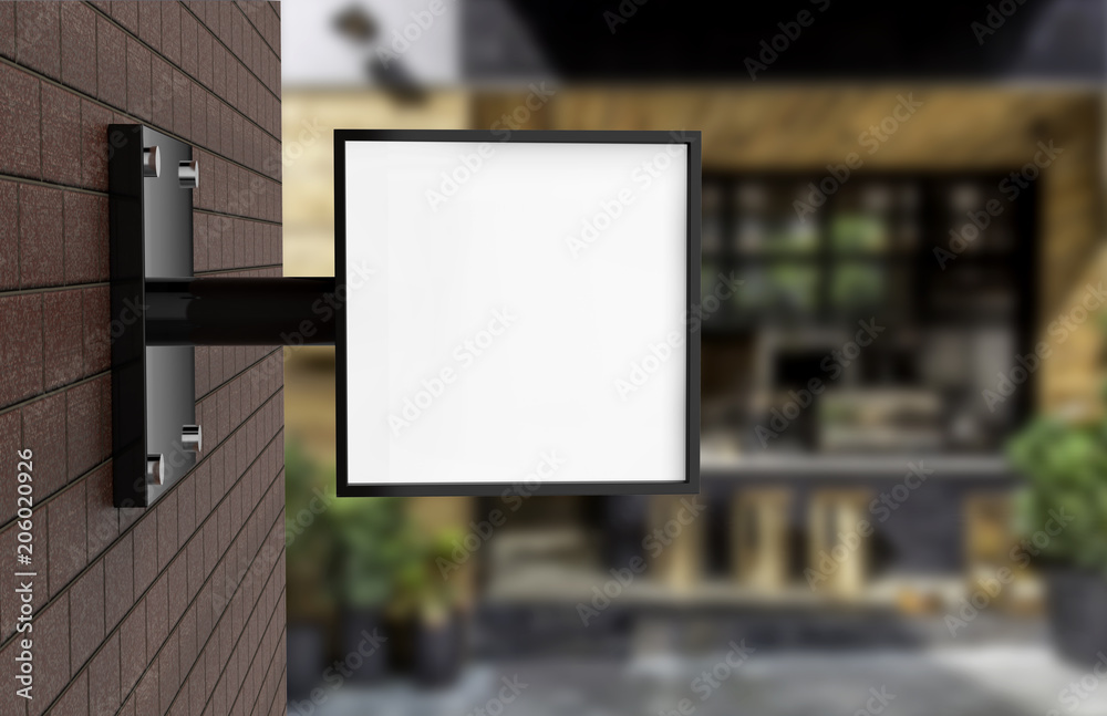Signboard on brick wall, empty square light box mock up, 3d illustration Signboard on brick wall, empty square light box mock up, 3d illustration