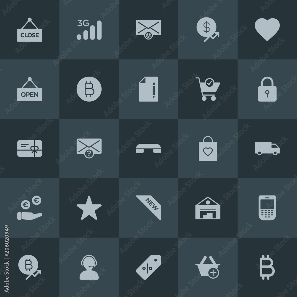 Modern Simple Set of money, mobile, email, shopping Vector fill Icons. Contains such Icons as sale,  sale,  wireless,  electronic,  business and more on dark background. Fully Editable. Pixel Perfect.