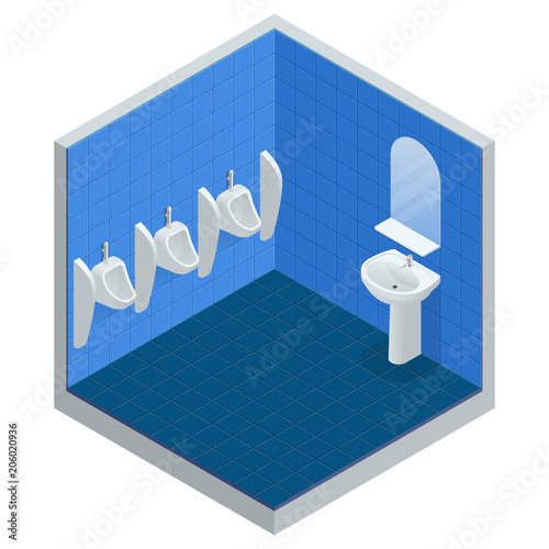 Isometric row of outdoor urinals men public toilet, Closeup urinals in men s bathroom, vector illustration of white ceramic urinals for men.