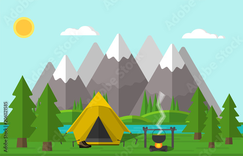 Vector illustration. Summer camp with tent, fire and mountains.