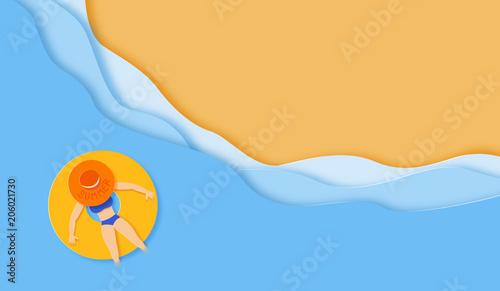 Canvas Print Paper cut sea with girl on rubber ring background