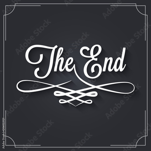 The end sign. Vintage movie ending frame on black background photo