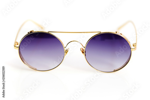 Stylish women's sunglasses on white background