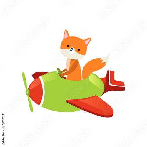 Orange fox flying on little green airplane. Cartoon character of wild forest animal. Cute pilot of plane. Flat vector design for postcard or children book