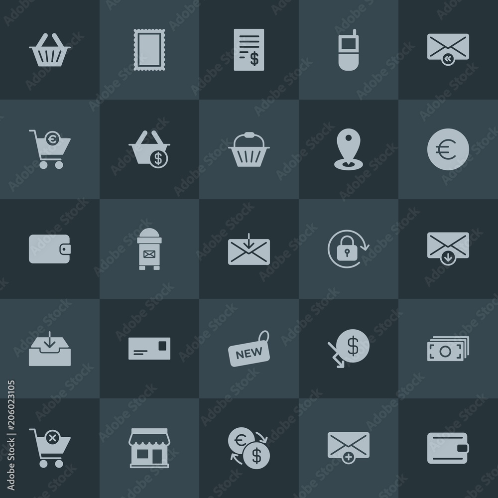 Modern Simple Set of money, mobile, email, shopping Vector fill Icons. Contains such Icons as  usd,  dollar,  envelope,  business, cheque and more on dark background. Fully Editable. Pixel Perfect.