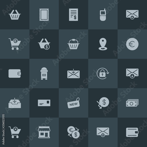 Modern Simple Set of money, mobile, email, shopping Vector fill Icons. Contains such Icons as usd, dollar, envelope, business, cheque and more on dark background. Fully Editable. Pixel Perfect.