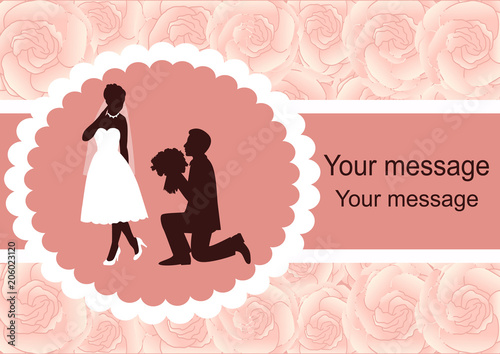 Invitation card with the bride and groom on a floral background.