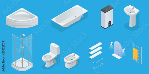 Vector isometric set of bathroom furniture. Jacuzzi, bath, boiler, washbasin, shower, shower, toilet, bidet, dryer, towel, mirror, shelves flat interior design home icons.