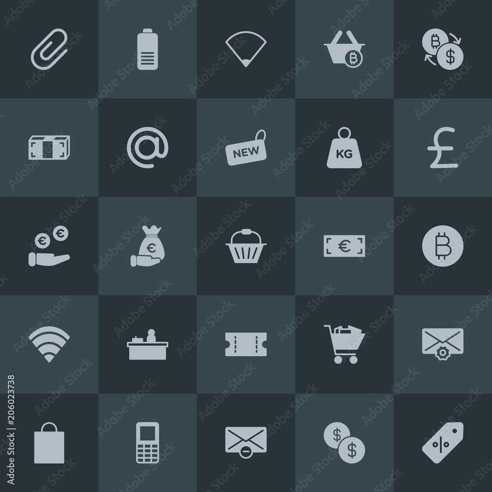 Modern Simple Set of money, mobile, email, shopping Vector fill Icons. Contains such Icons as  paper,  options,  change,  investor,  message and more on dark background. Fully Editable. Pixel Perfect.