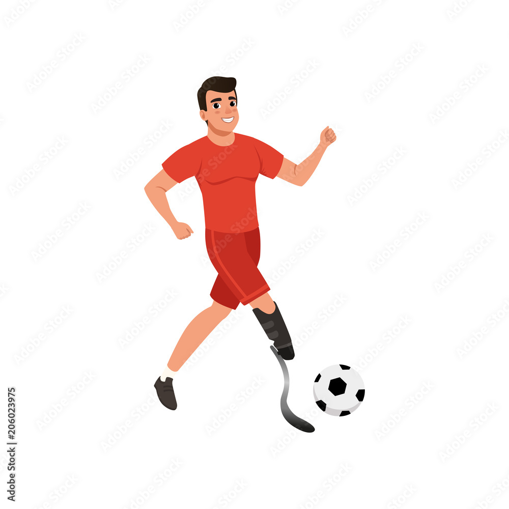 Handsome young man with artificial leg playing football. Guy with physical disabilities. Flat vector design