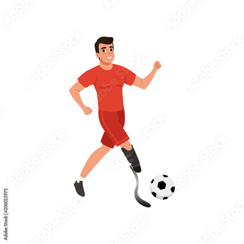 Fototapeta Naklejka Na Ścianę i Meble -  Handsome young man with artificial leg playing football. Guy with physical disabilities. Flat vector design