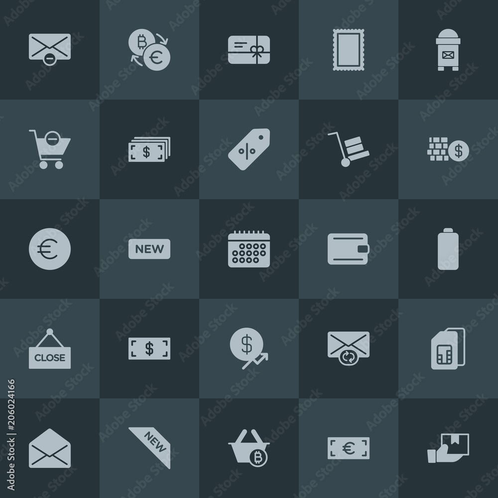 Modern Simple Set of money, mobile, email, shopping Vector fill Icons. Contains such Icons as cart,  gift, mailbox,  internet,  update,  sim and more on dark background. Fully Editable. Pixel Perfect.