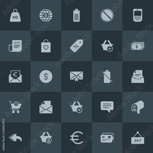 Modern Simple Set of money, mobile, email, shopping Vector fill Icons. Contains such Icons as card, letter, technology, euro, post, 24 and more on dark background. Fully Editable. Pixel Perfect.