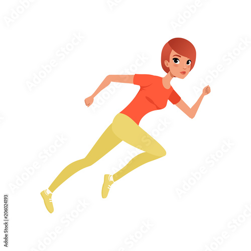 Beautiful athletic woman running sprint. Cartoon young girl in sportswear. Active lifestyle. Flat vector design