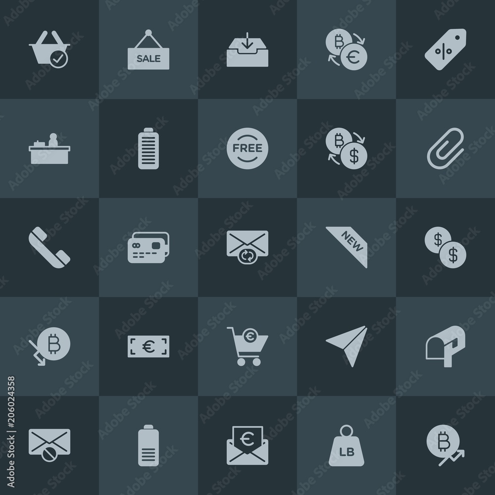 Modern Simple Set of money, mobile, email, shopping Vector fill Icons. Contains such Icons as  financial,  bitcoin, currency,  growth,  box and more on dark background. Fully Editable. Pixel Perfect.