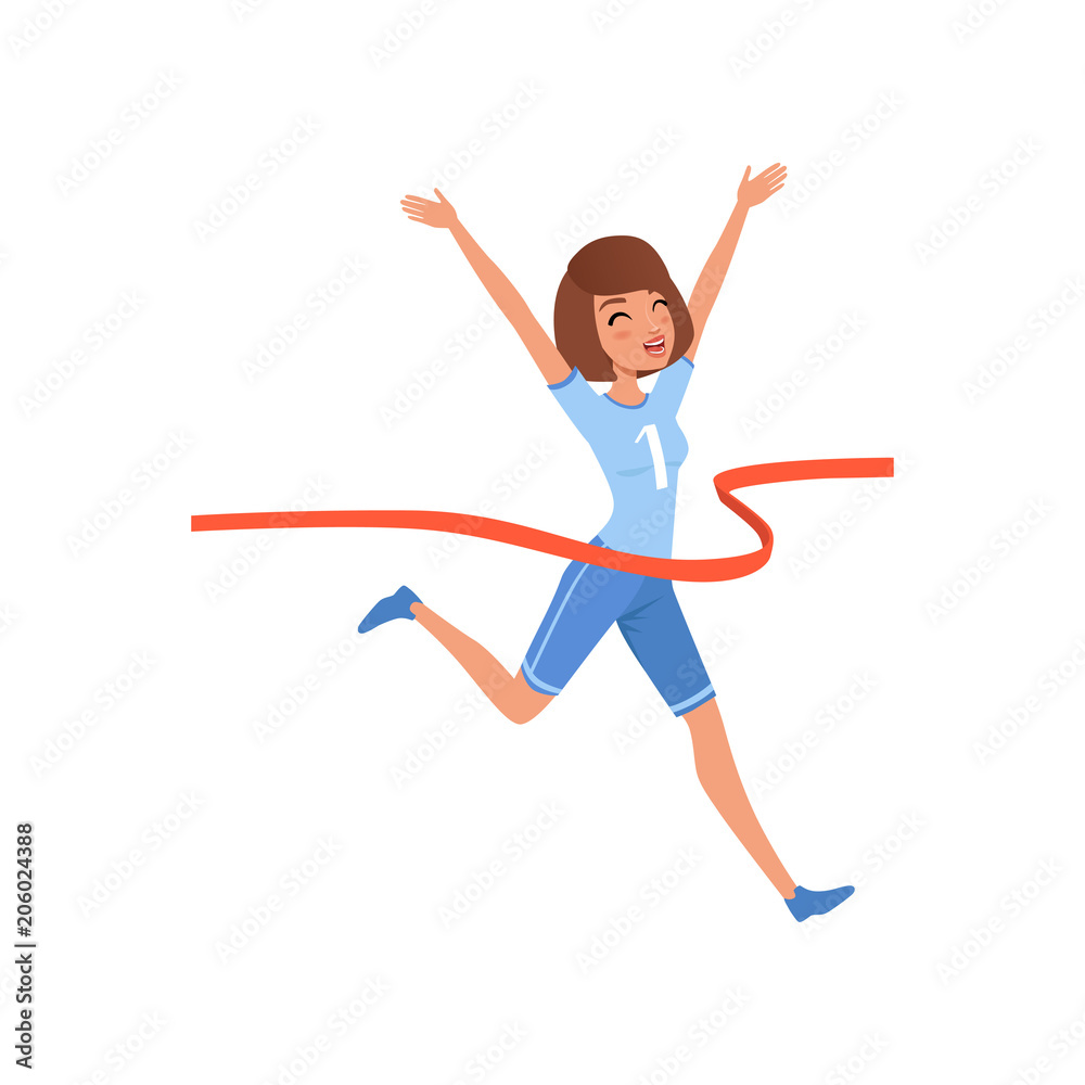 Happy woman crossing red finish tape. Young athletic girl taking part in running competition. Flat vector design Happy woman crossing red finish tape. Young athletic girl taking part in running competition. Flat vector design