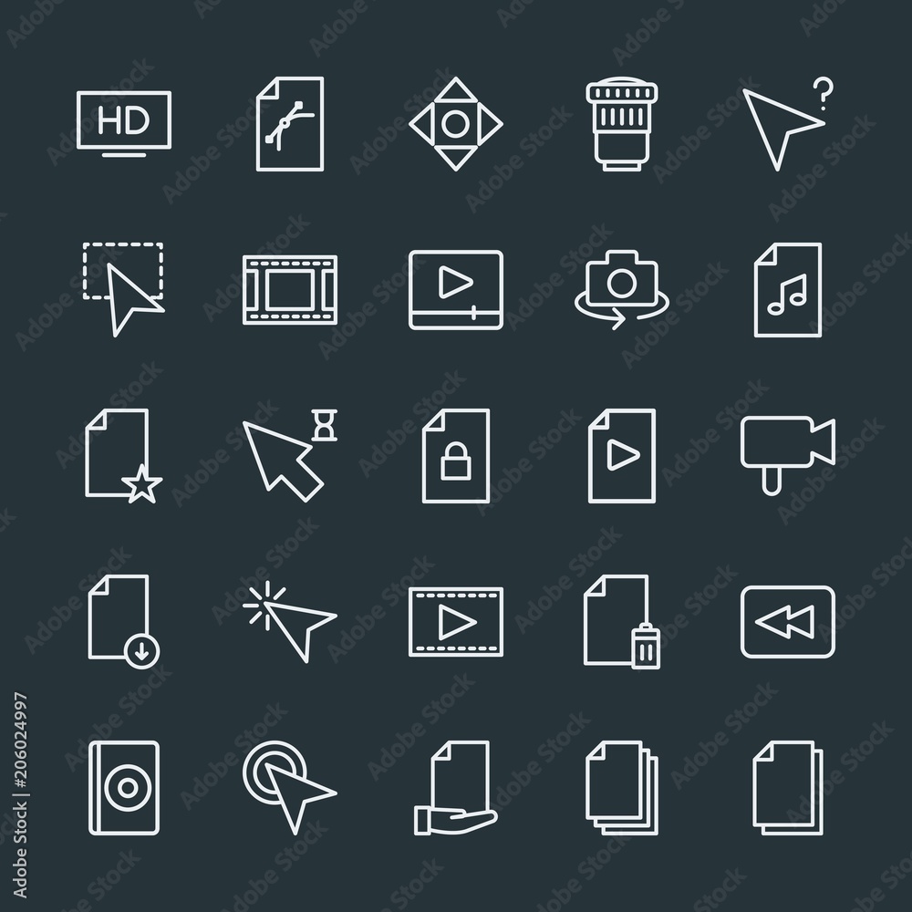 Modern Simple Set of video, photos, cursors, files Vector outline Icons. Contains such Icons as  storage,  web,  scroll,  rewind,  quality and more on dark background. Fully Editable. Pixel Perfect.