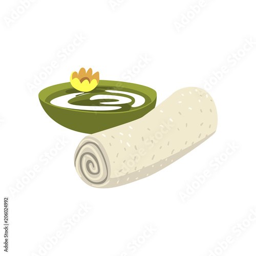 Fluffy terry towel, green ceramic bowl with water and yellow flower. Cartoon vector items for spa or relaxing bath procedures
