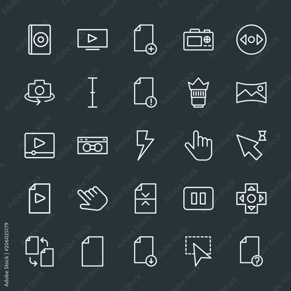 Modern Simple Set of video, photos, cursors, files Vector outline Icons. Contains such Icons as web, file, download, internet, business and more on dark background. Fully Editable. Pixel Perfect. Modern Simple Set of video, photos, cursors, files Vector outline Icons. Contains such Icons as web, file, download, internet, business and more on dark background. Fully Editable. Pixel Perfect.