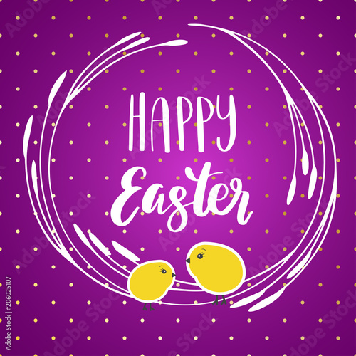 Happy Easter card with modern calligraphy, holiday poster. Typography design. Vector illustration photo