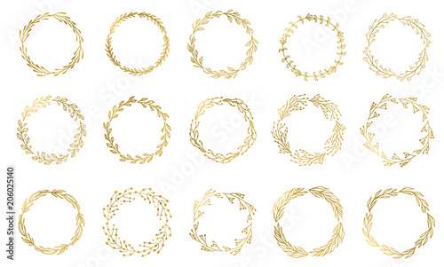 Set of 15 Handdrawn ink painted gold floral wreaths and laurels. Vintage vector golden elements for wedding, holiday and greeting cards, web, prind scrapbooking design and other.
