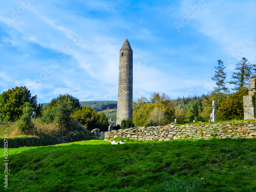DUBLIN, Round Tower and Graveyard in Glendalough Early Monastic Site, County Wicklow, Ireland, Europe