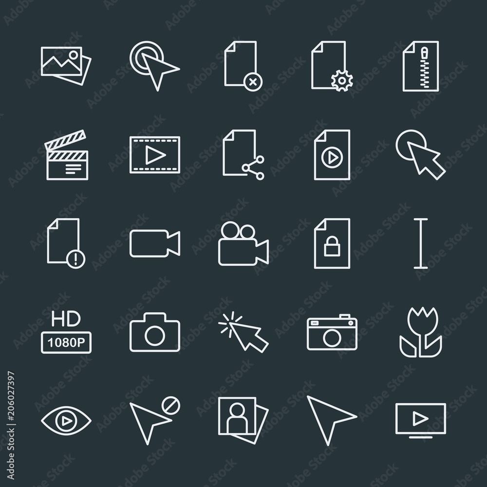 Modern Simple Set of video, photos, cursors, files Vector outline Icons. Contains such Icons as video, cursor, file, picture, hand, lens and more on dark background. Fully Editable. Pixel Perfect. Modern Simple Set of video, photos, cursors, files Vector outline Icons. Contains such Icons as video, cursor, file, picture, hand, lens and more on dark background. Fully Editable. Pixel Perfect.
