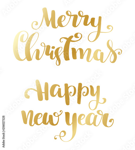 Merry Christmas brush lettering typography. Handwriting text design with winter handdrawn lettering. Happy New Year lettering set.