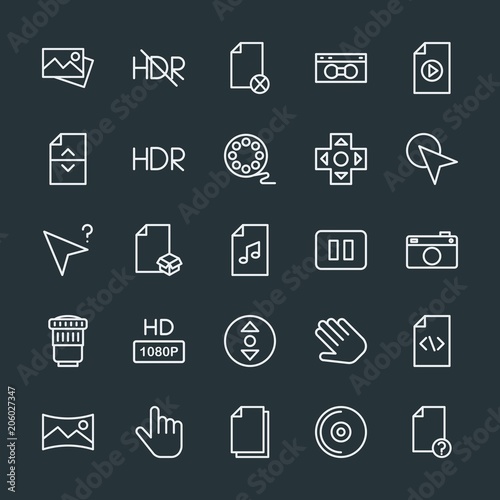 Modern Simple Set of video, photos, cursors, files Vector outline Icons. Contains such Icons as system, disk, business, panoramic, arrow and more on dark background. Fully Editable. Pixel Perfect.
