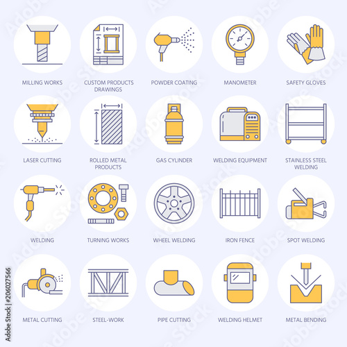 Welding services flat line icons. Rolled metal products, steelwork, stainless steel laser cutting, fabrication, turning works, safety equipment, powder coating. Industry thin sign for welder services.