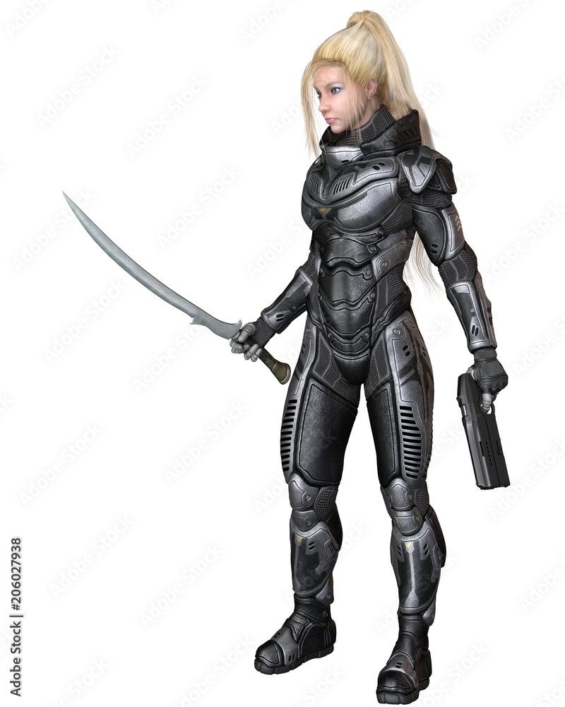Future Soldier, Blonde Female, Standing with Sword and Pistol - science fiction illustration Future Soldier, Blonde Female, Standing with Sword and Pistol - science fiction illustration