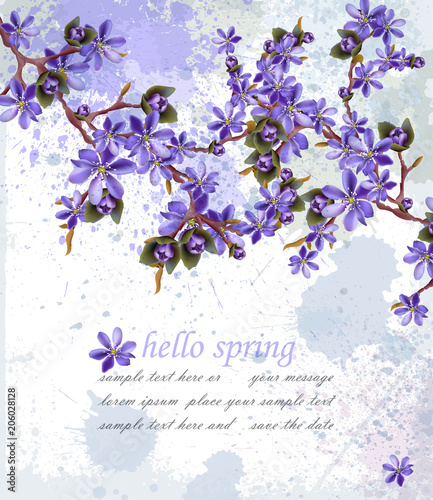 Hello spring card with purple flowers Vector. Beautifull frame decors