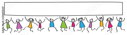 Kinder springen hoch, Mädchen und Jungen mit bunter Kleidung, leeres Banner, Plakat, Strichfiguren lachen und freuen sich
