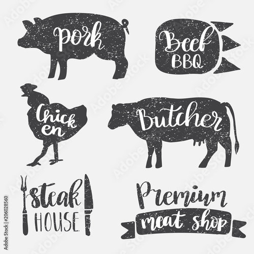 Set of vintage retro badge, label, logo design templates for meat store, charcuterie, deli shop, butchery market