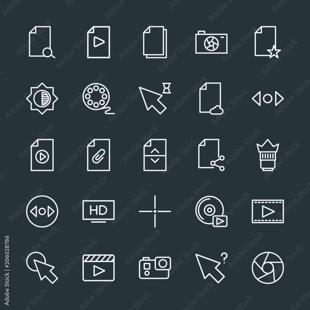 Modern Simple Set of video, photos, cursors, files Vector outline Icons. Contains such Icons as information, caption, cd, clip, camera and more on dark background. Fully Editable. Pixel Perfect. Modern Simple Set of video, photos, cursors, files Vector outline Icons. Contains such Icons as information, caption, cd, clip, camera and more on dark background. Fully Editable. Pixel Perfect.