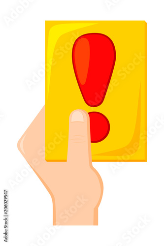 Colorful cartoon hand holding attention card.