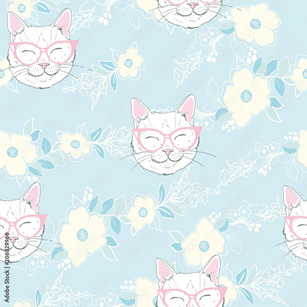 Seamless pattern with cats. Background with gray, white and ginger kittens
