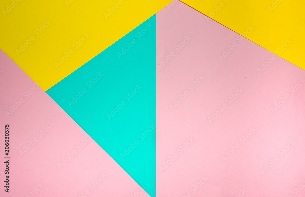 soft mint Blue, yellow and pink pastel color paper geometric flat lay background