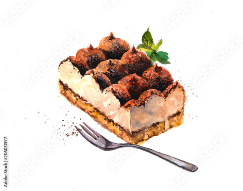 Hand drawn watercolor illustration tiramisu.