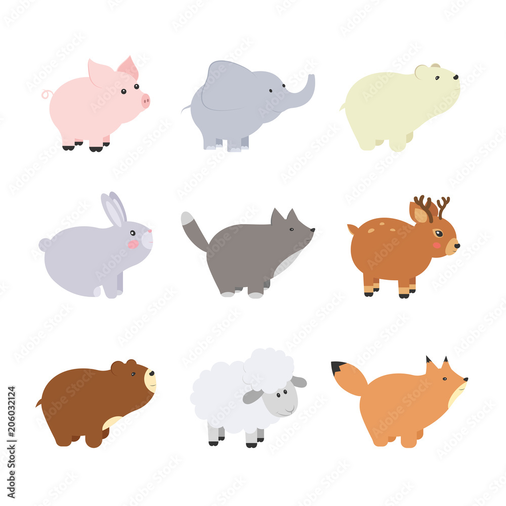 Big set isolated animals. Vector collection funny animals. Cute animals forest, farm, domestic, polar in cartoon style. Pig, elephant, bear, rabbit, fox, wolf, lamb, deer. Big set isolated animals. Vector collection funny animals. Cute animals forest, farm, domestic, polar in cartoon style. Pig, elephant, bear, rabbit, fox, wolf, lamb, deer.