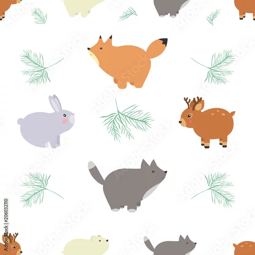 Tapety Leśny wzór z uroczych zwierzątek - lis, jeleń, niedźwiedź, królik, wilk. Kolekcja wektor zabawnych zwierząt. Słodkie zwierzaczki.