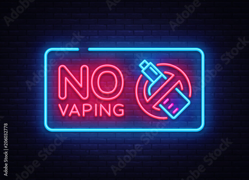 No Vaping neon sign vector template, light banner, bright night illustration, symbol vaping ban, no vaping, electronic cigarette neon. Vector illustration