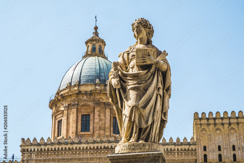 Famous cathedral church of Santa Rosalia and statues of Sant'Oliva in Palermo, Sicily island in Italy.