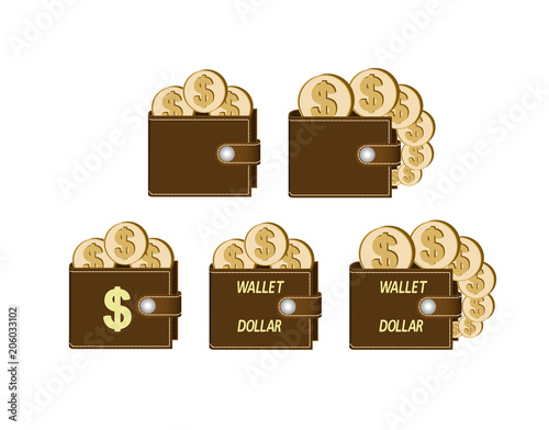 set of brown  wallets with dollar coins