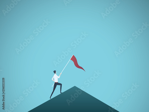 Business leader vector concept with businessman planting flag on top of mountain. Symbol of success, achievement, victory, top career and leadership.
