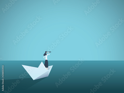 Business vision or visionary vector concept with businesswoman on paper boat with telescope. Symbol of woman leader, succes, ambition, leadership, future.