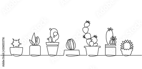 Continuous Line Drawing of Vector Set of Cute Cactus Black and White Sketch House Plants Isolated on White Background.